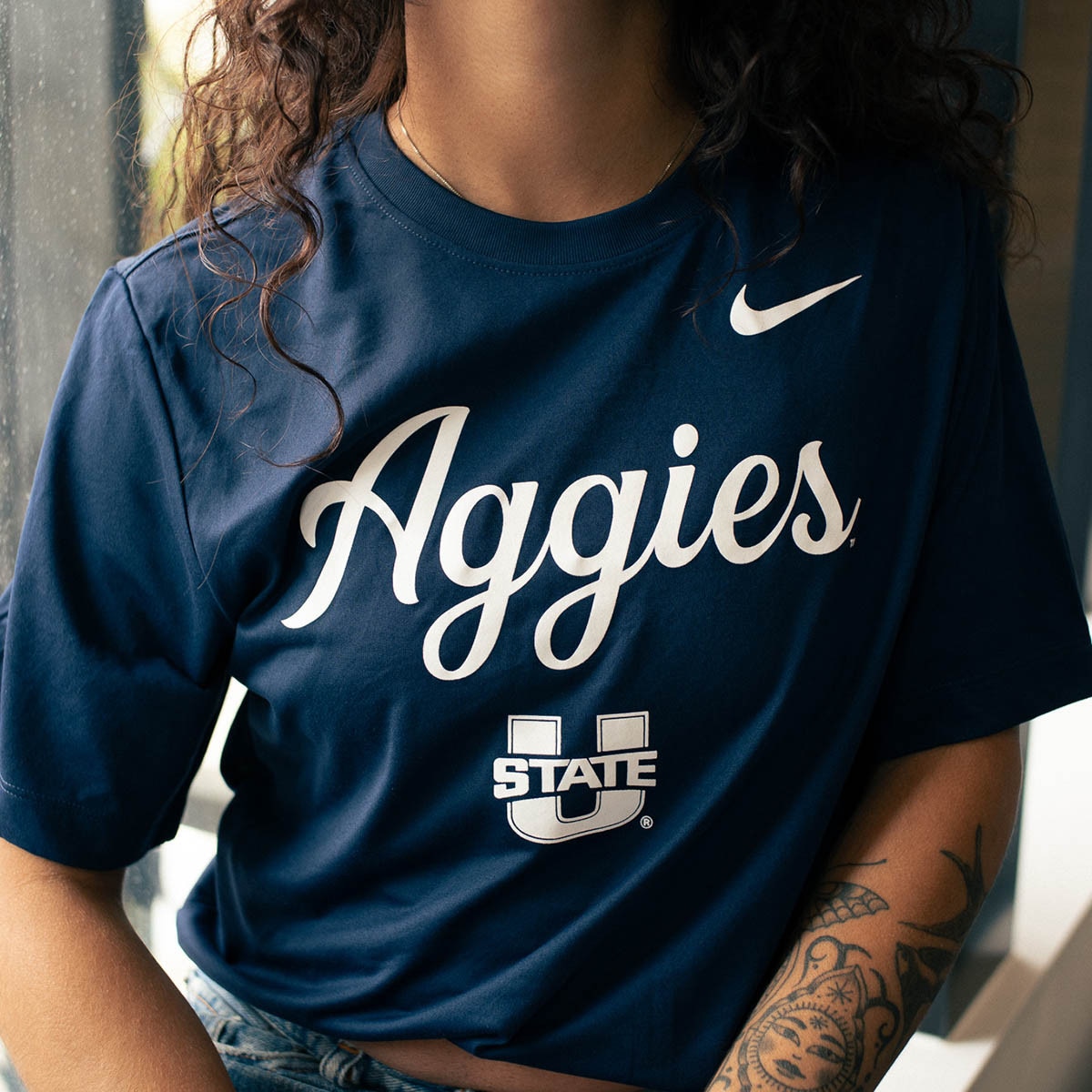 nike unisex aggies script t-shirt navy